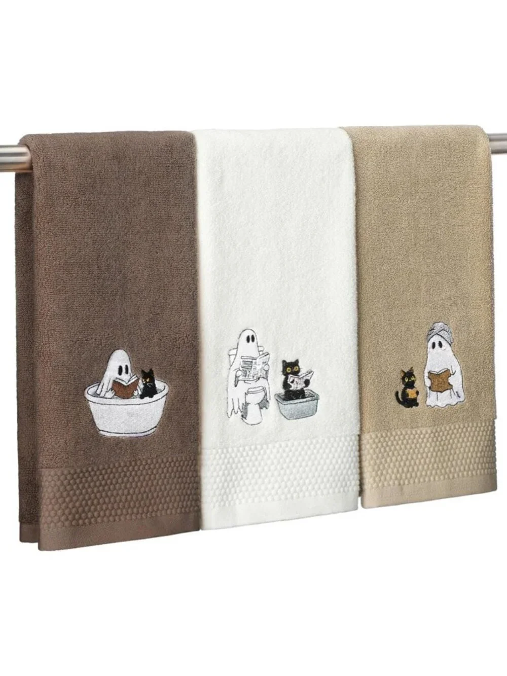Set of 3 Halloween Hand Towels - 100% Cotton, Embroidered Ghost Design